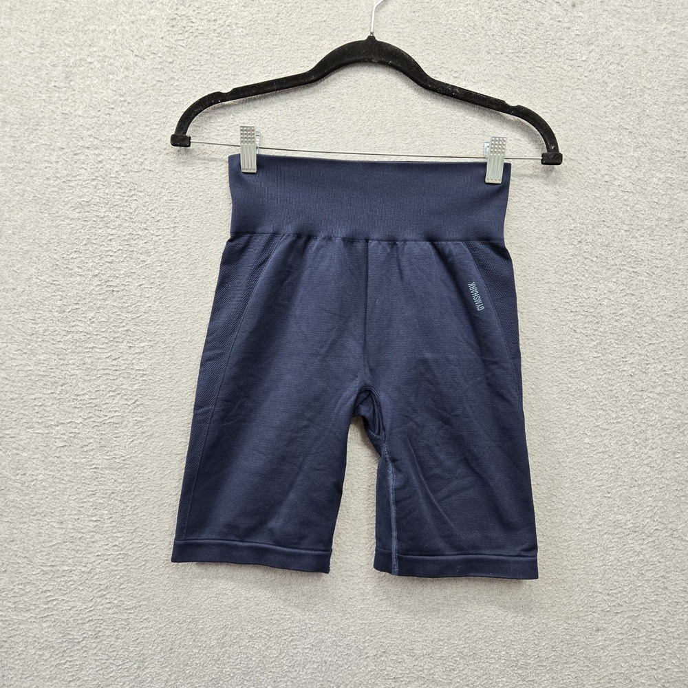 Gymshark Women Activewear Shorts S Navy Blue Biker Spellout 7" Inseam Stretch